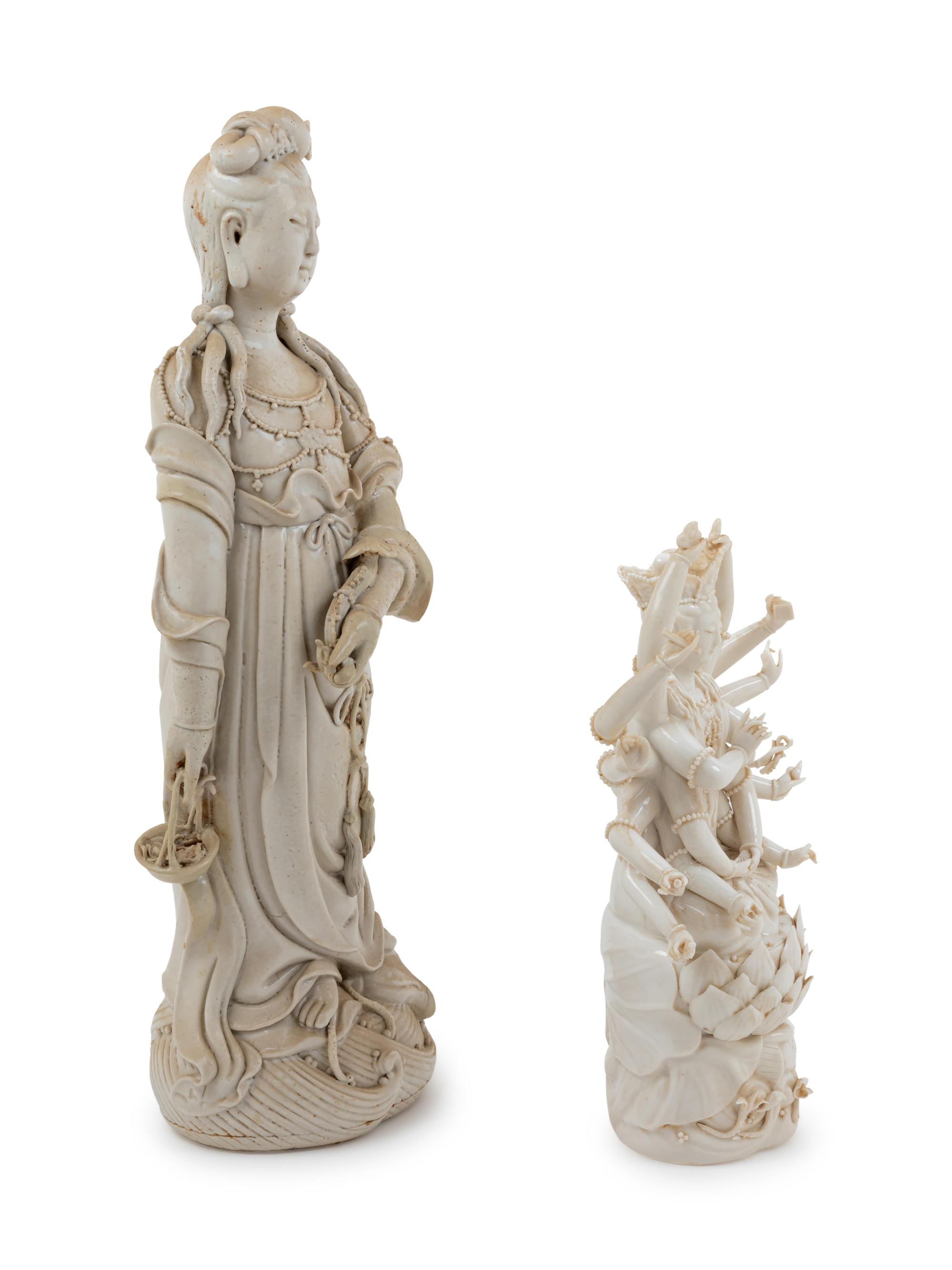 Two Chinese Blanc-de-Chine Porcelain Figures of Guanyin