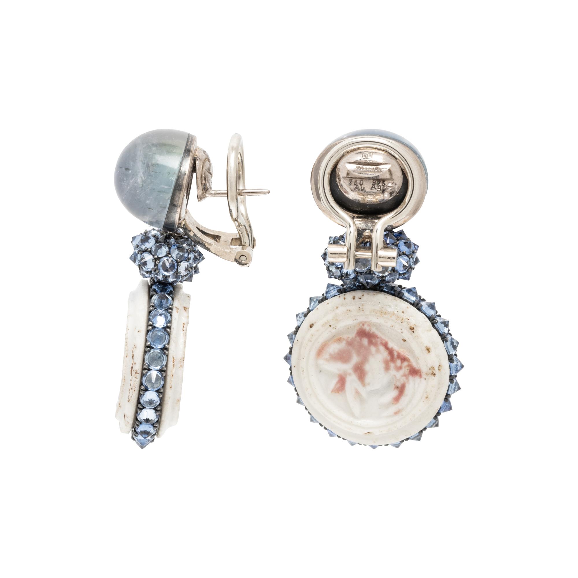 HEMMERLE, MOONSTONE, SAPPHIRE AND PORCELAIN EARRINGS