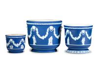 Three Wedgwood Blue Jasperware Jardinieres