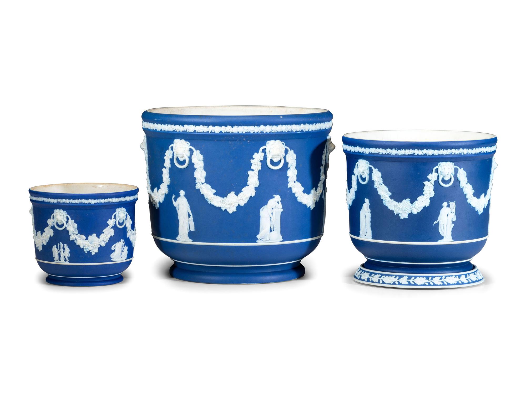 Three Wedgwood Blue Jasperware Jardinieres
