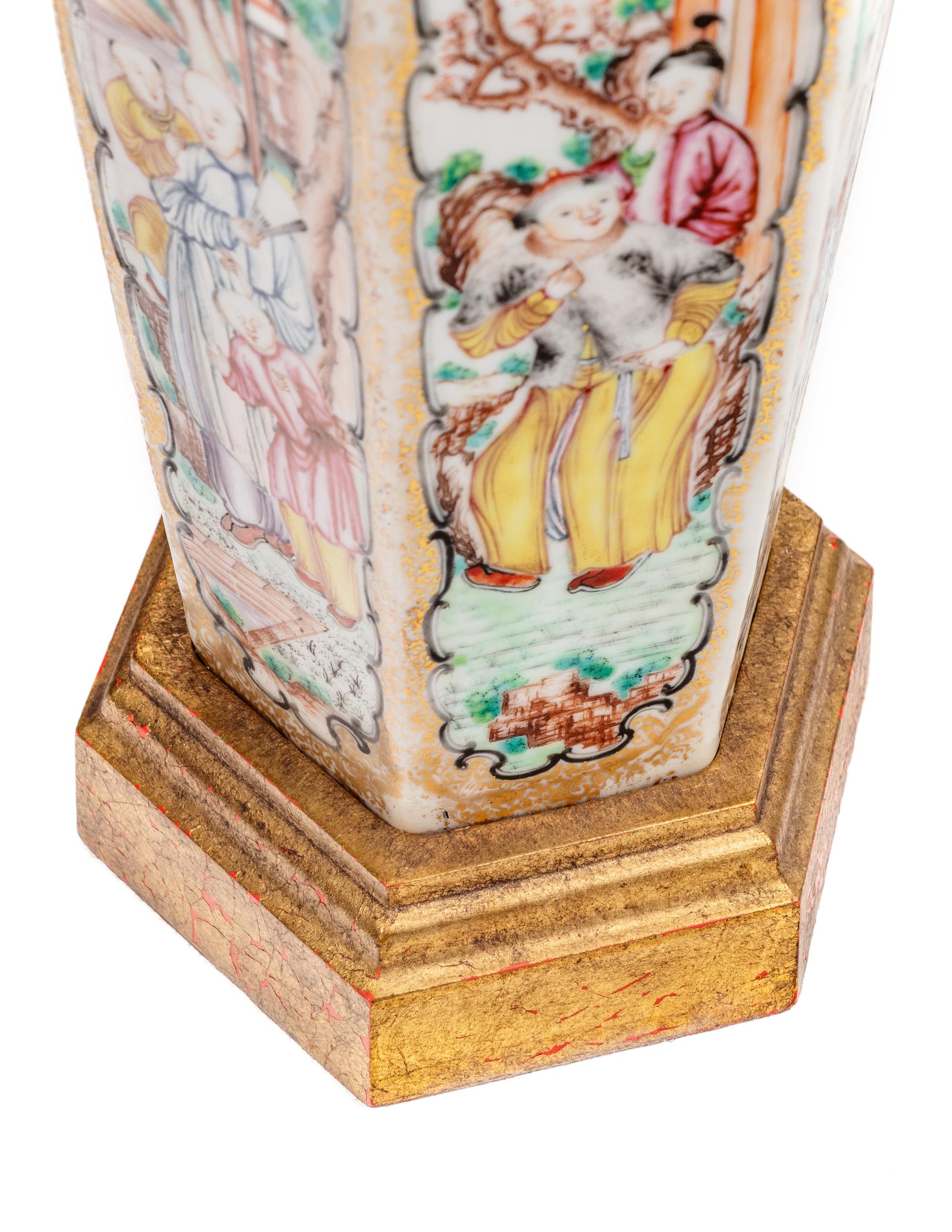 A Pair of Chinese Export Porcelain Hexagonal Table Lamps
