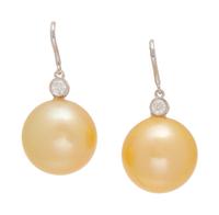 A Pair of 18 Karat White Gold, South Sea Cultured Pearl and Diamond Earrings,