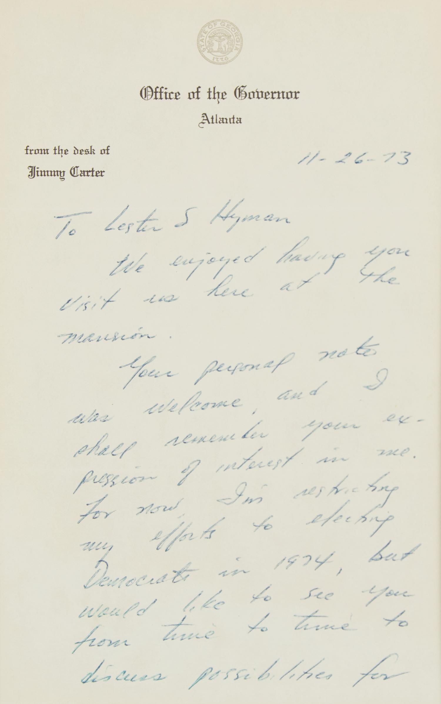 [Presidential] Carter, Jimmy. Autograph Letter, signed