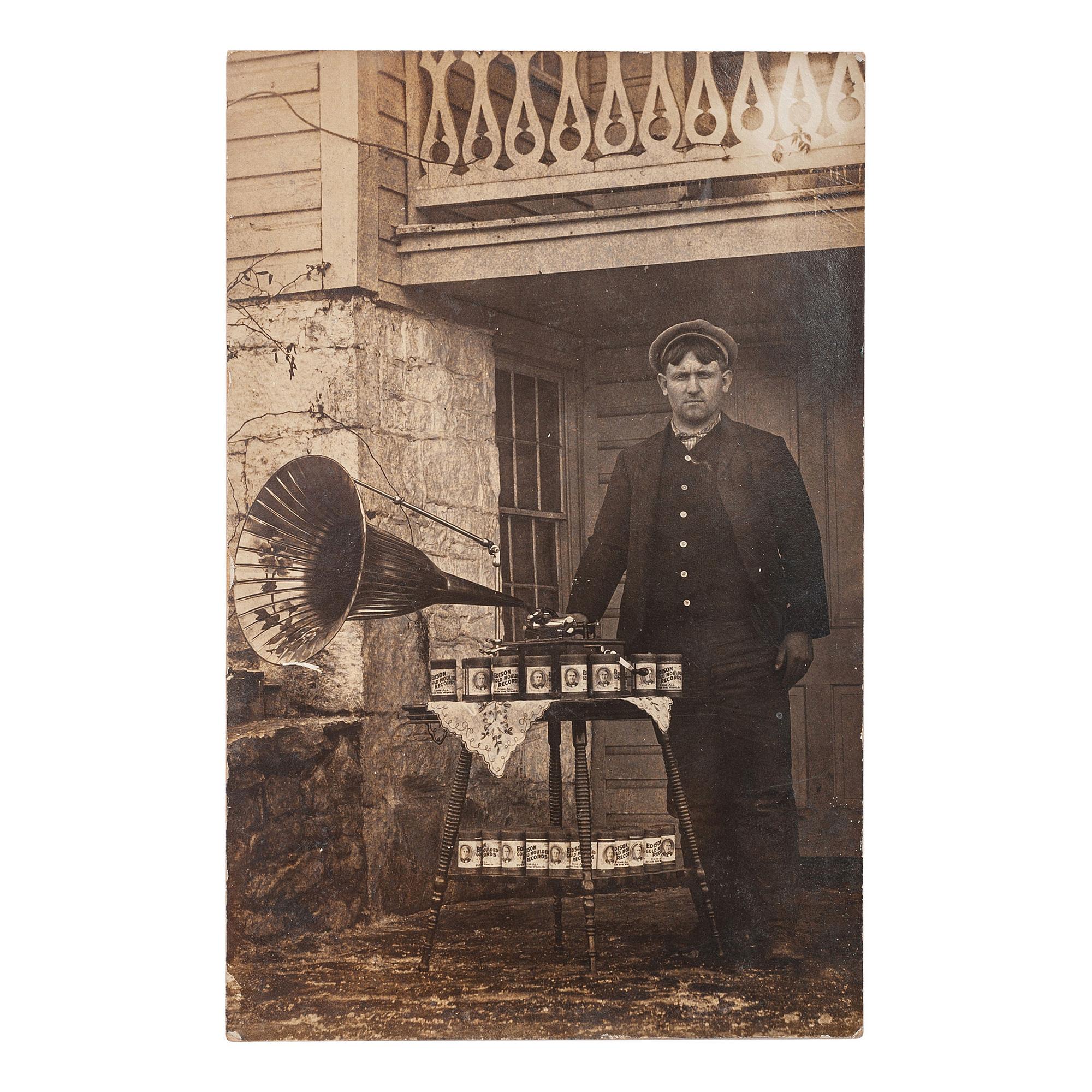 [EARLY PHOTOGRAPHY - RECORDING & LISTENING DEVICES]. A collection of 100+ photographs and advertisements mostly featuring subjects with Edison phonographs and other listening and recording devices, including: