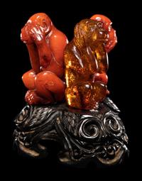 Two Chinese Amber Carvings and An Agate Carving of Double Fish
