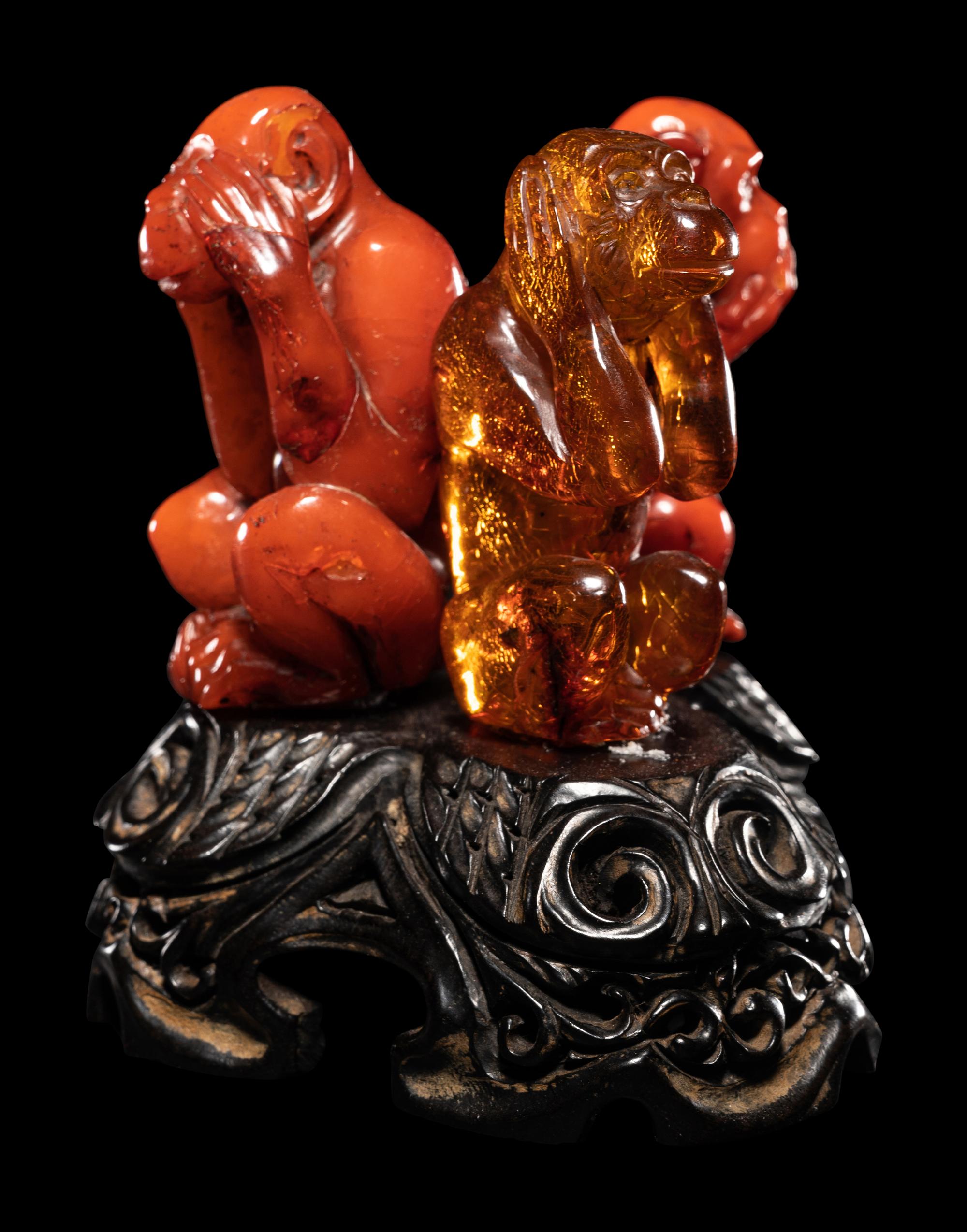 Two Chinese Amber Carvings and An Agate Carving of Double Fish