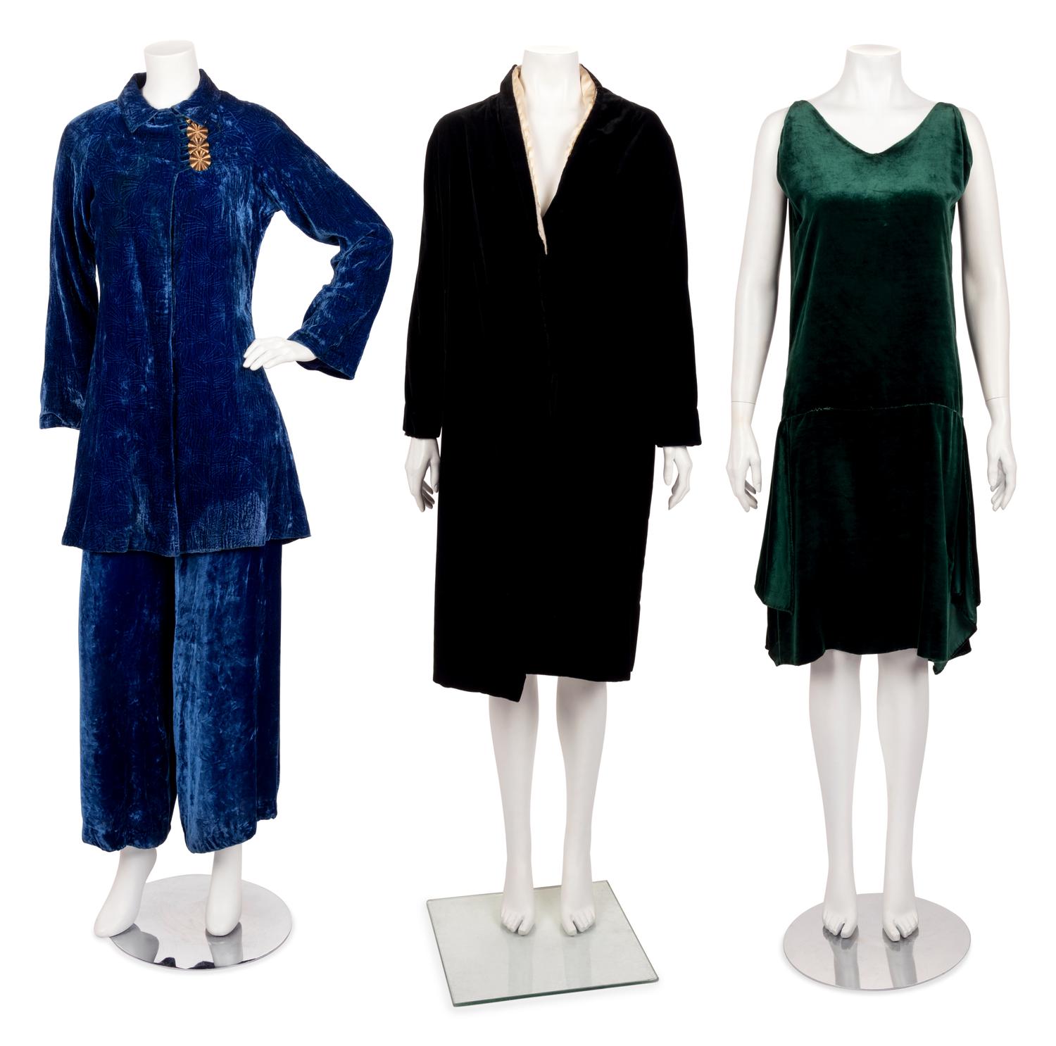 Four Velvet Items: One Two-Piece Pant Ensemble, One Coat, and One Dress, 1920-30s