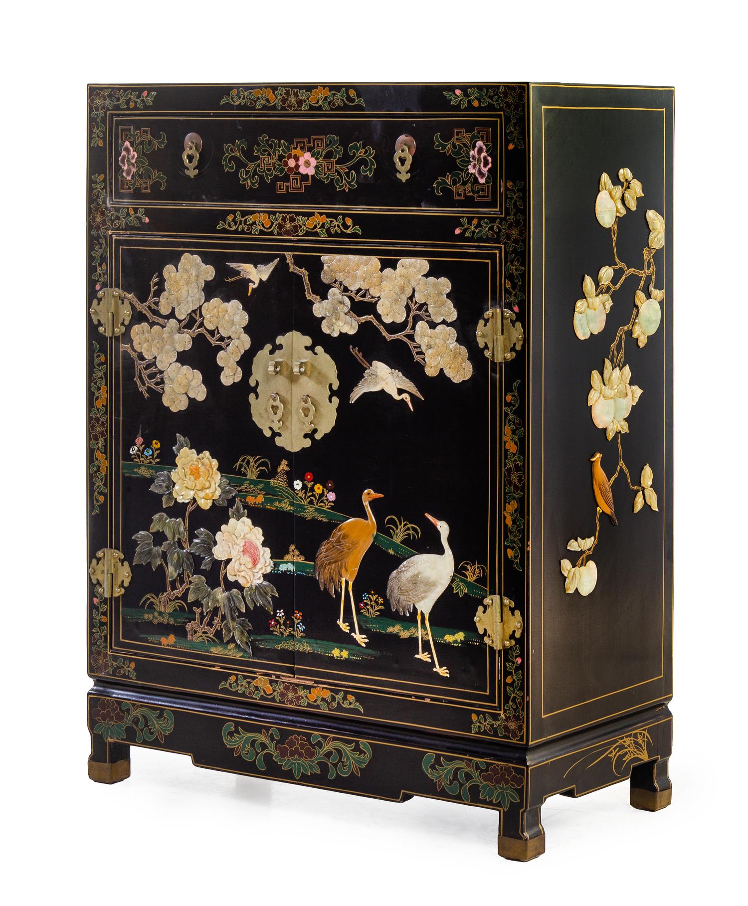 A Chinese Hardstone Embellished Black Lacquered Wood Cabinet