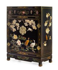 A Chinese Hardstone Embellished Black Lacquered Wood Cabinet