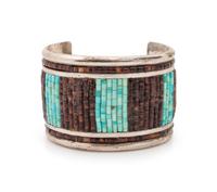 Southwestern Silver Cuff Bracelet, with Rolled Turquoise and Heishi