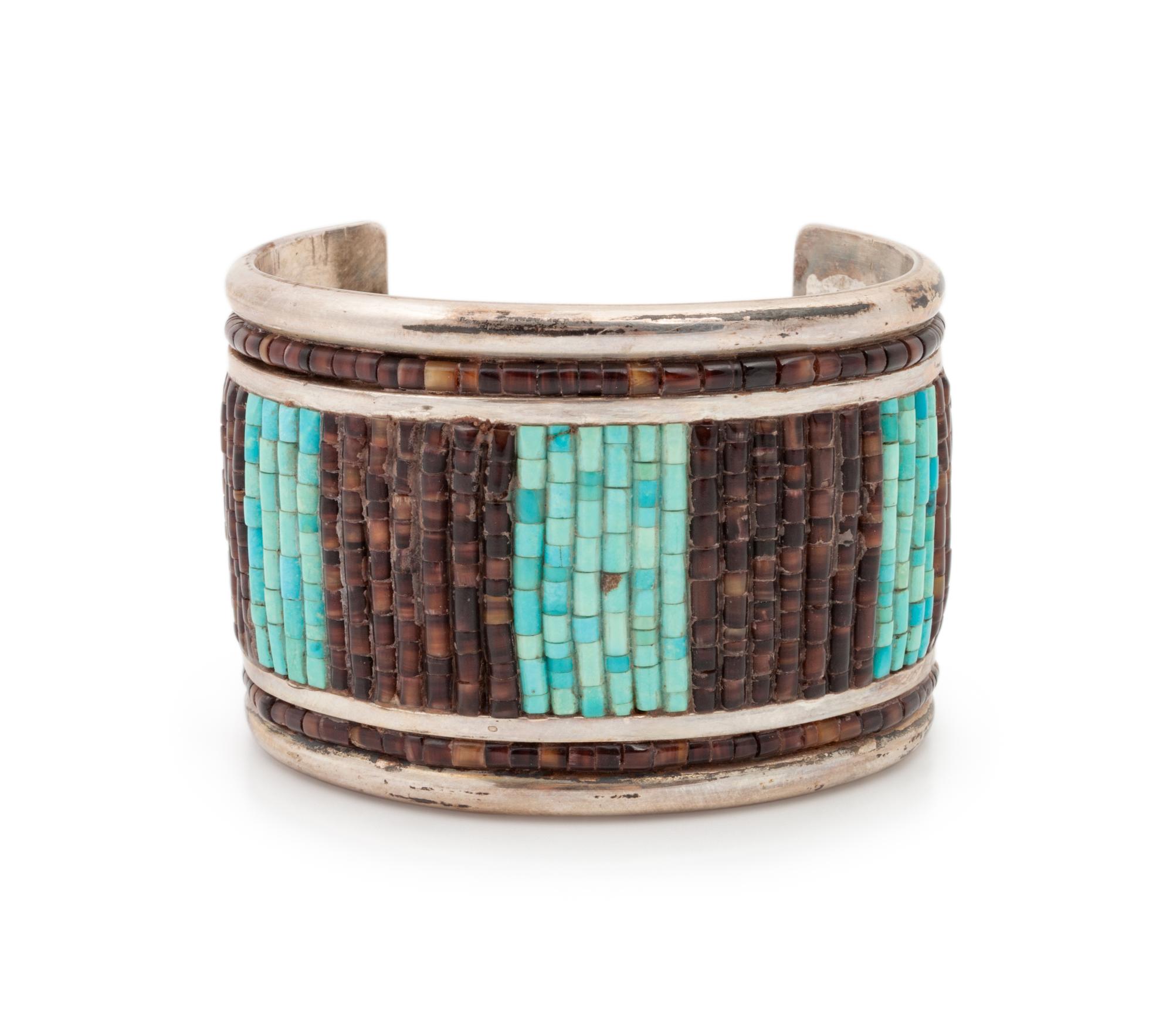 Southwestern Silver Cuff Bracelet, with Rolled Turquoise and Heishi