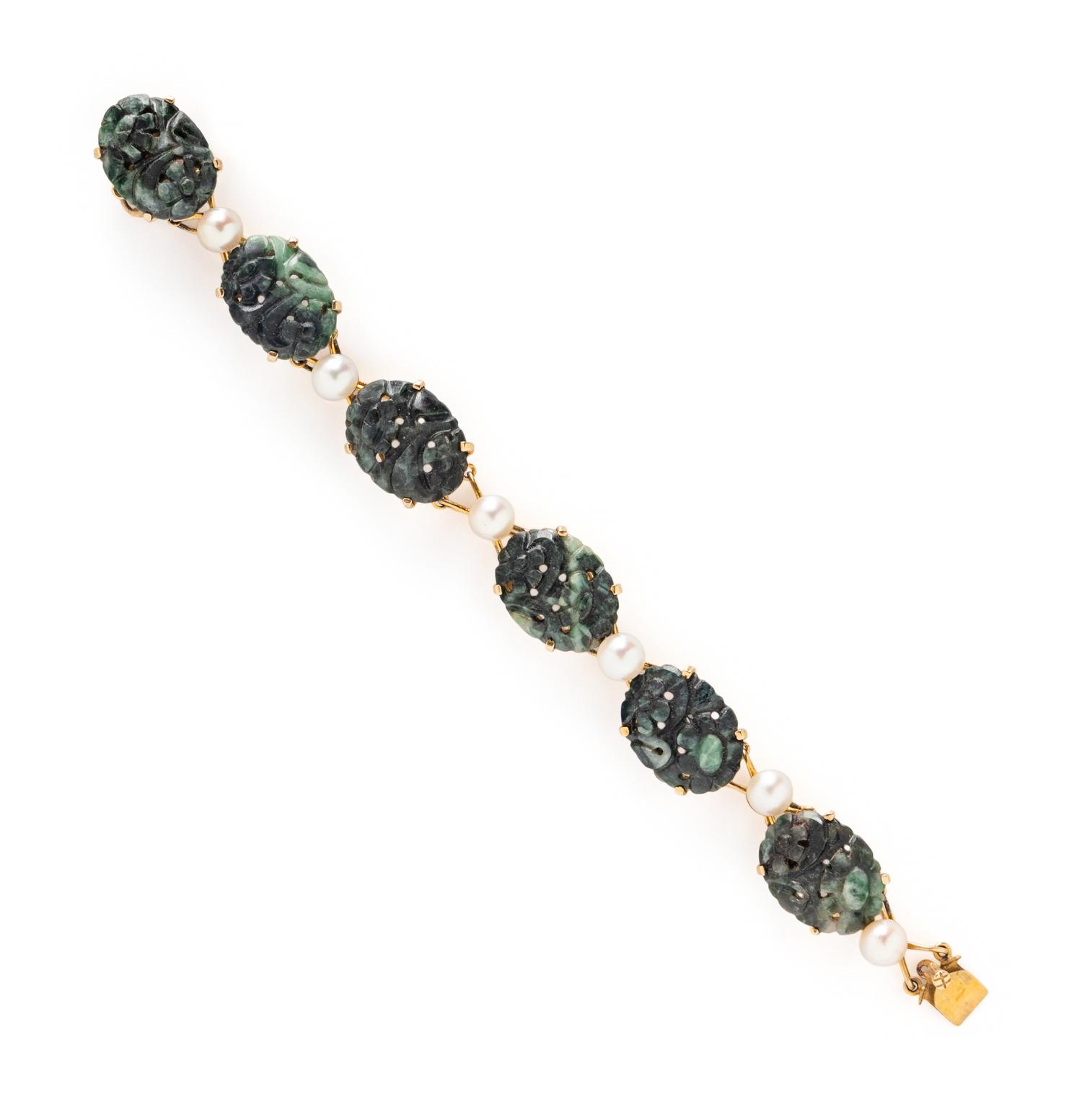 JADE, CULTURED PEARL, AND YELLOW GOLD EARRINGS AND BRACELET