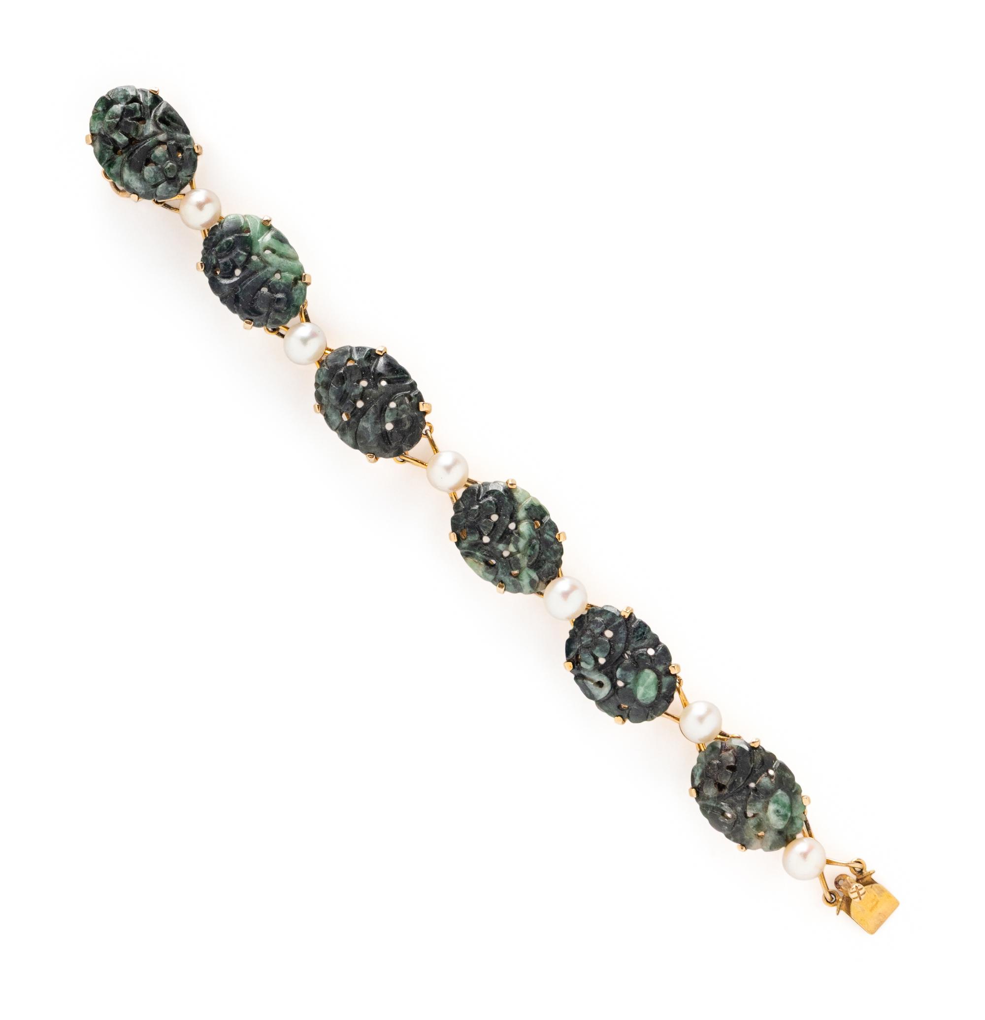 JADE, CULTURED PEARL, AND YELLOW GOLD EARRINGS AND BRACELET