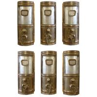 A Set of Six Brass and Glass Coffee Bean Dispensers 16" W x 17" D x 43" H — Germany, Circa 1900