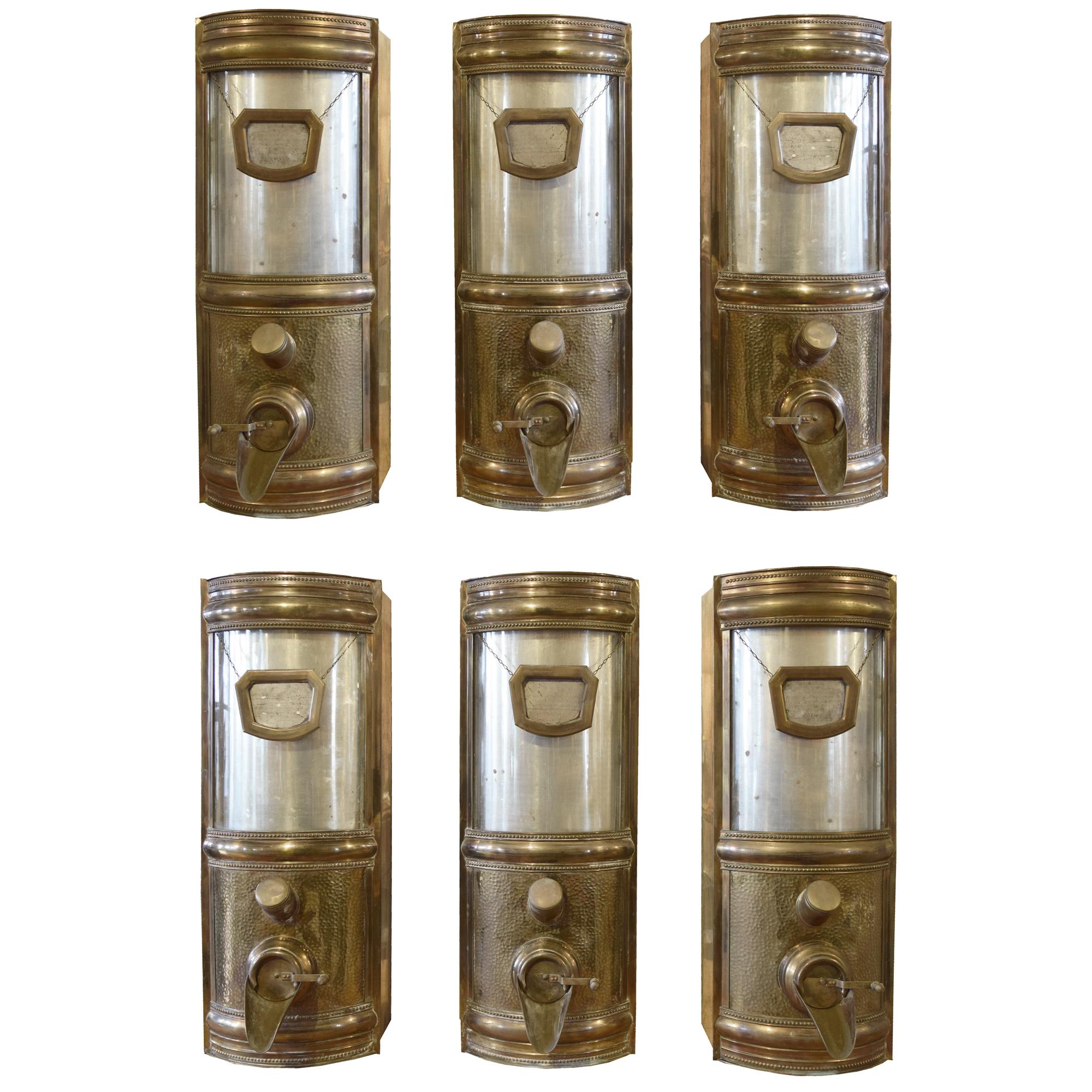 A Set of Six Brass and Glass Coffee Bean Dispensers 16" W x 17" D x 43" H — Germany, Circa 1900