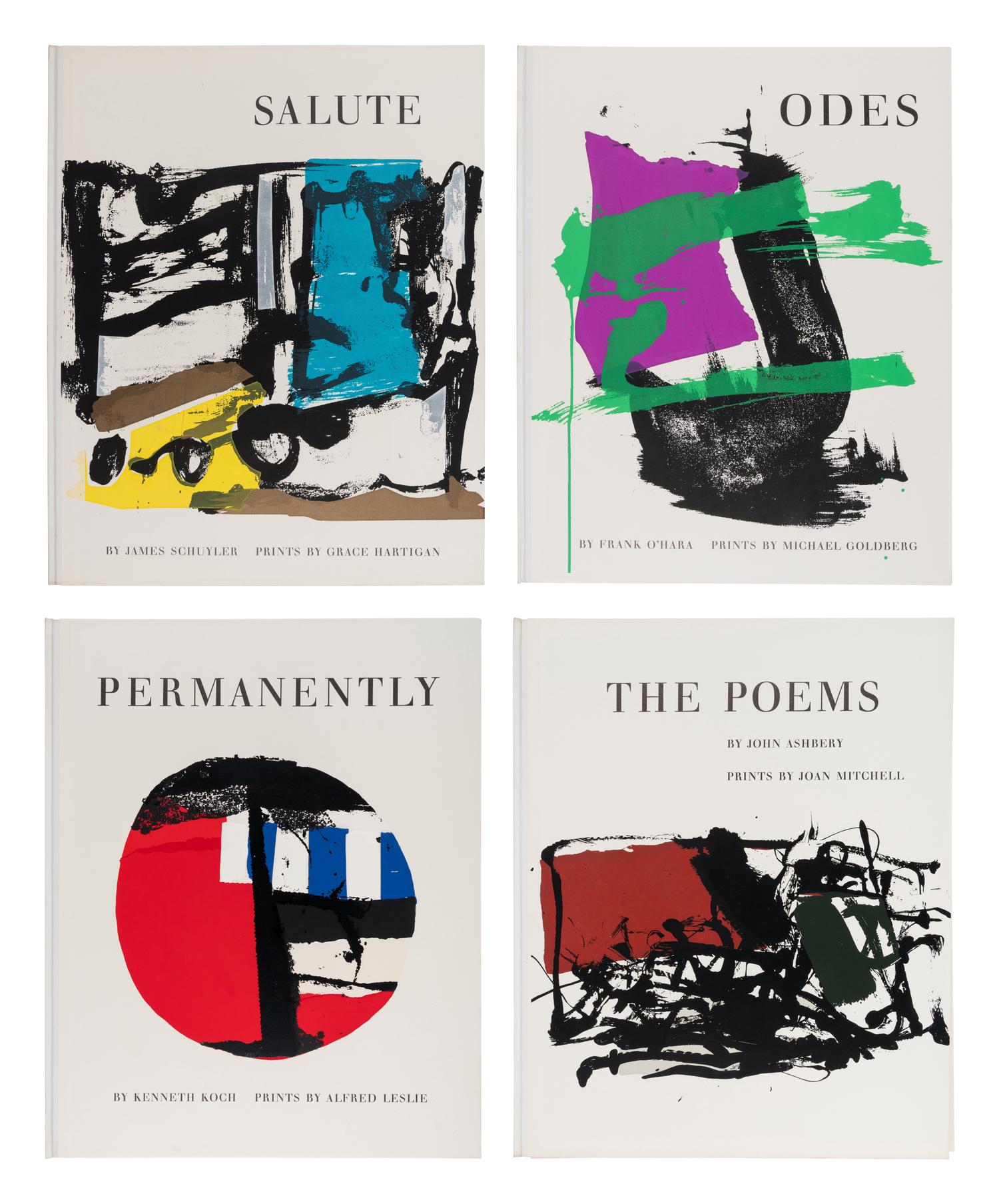 [TIBER PRESS - ABSTRACT EXPRESSIONISM]. ASHBERY, John. The Poems . Prints by Joan MITCHELL. -- KOCH, Kenneth. Permanently . Prints by Alfred LESLIE. [with:] O'HARA, Frank. Odes . Prints by Michael GOLDBERG. -- SCHUYLER, James. Salute . Prints by Grace HARTIGAN. New York: Tiber Press, [1960].