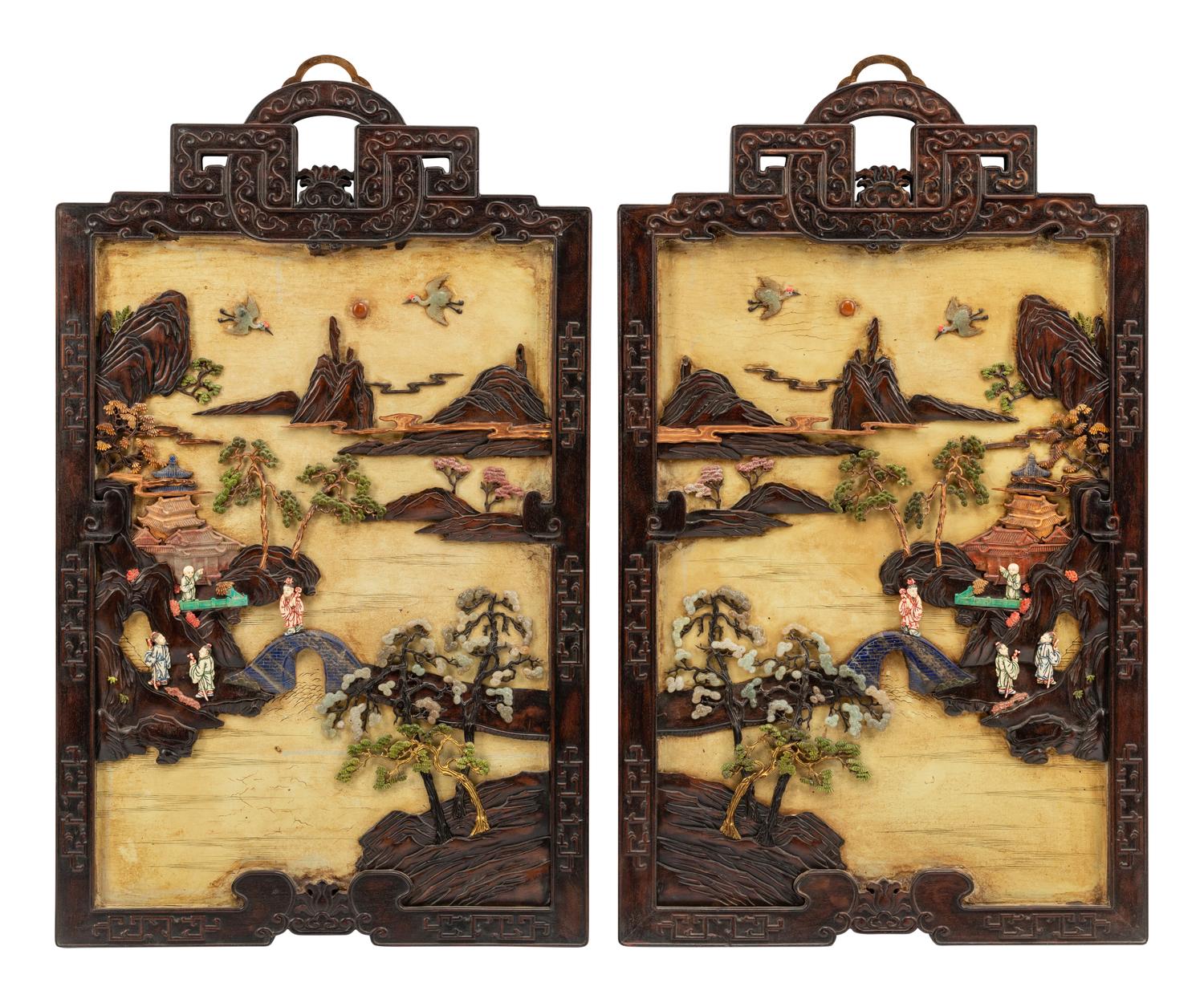 A Pair of Chinese Export Hardstone and Partial Lacquered Carved Wood Panels
