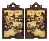 A Pair of Chinese Export Hardstone and Partial Lacquered Carved Wood Panels