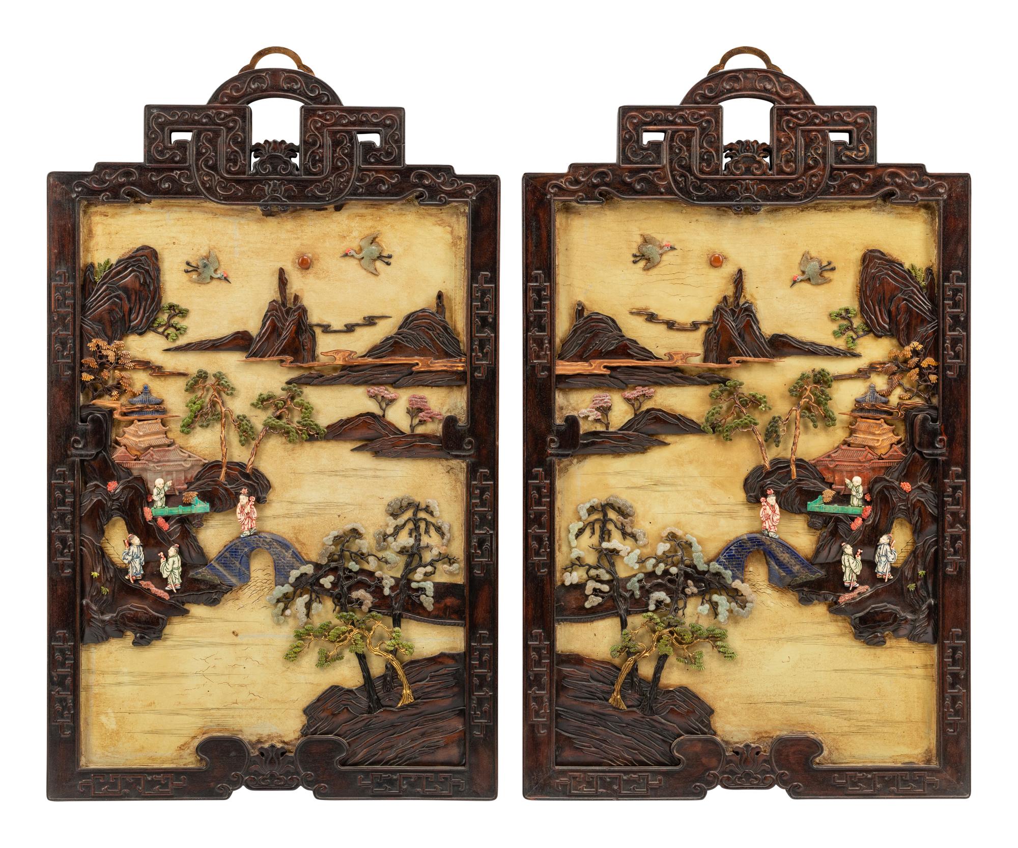 A Pair of Chinese Export Hardstone and Partial Lacquered Carved Wood Panels