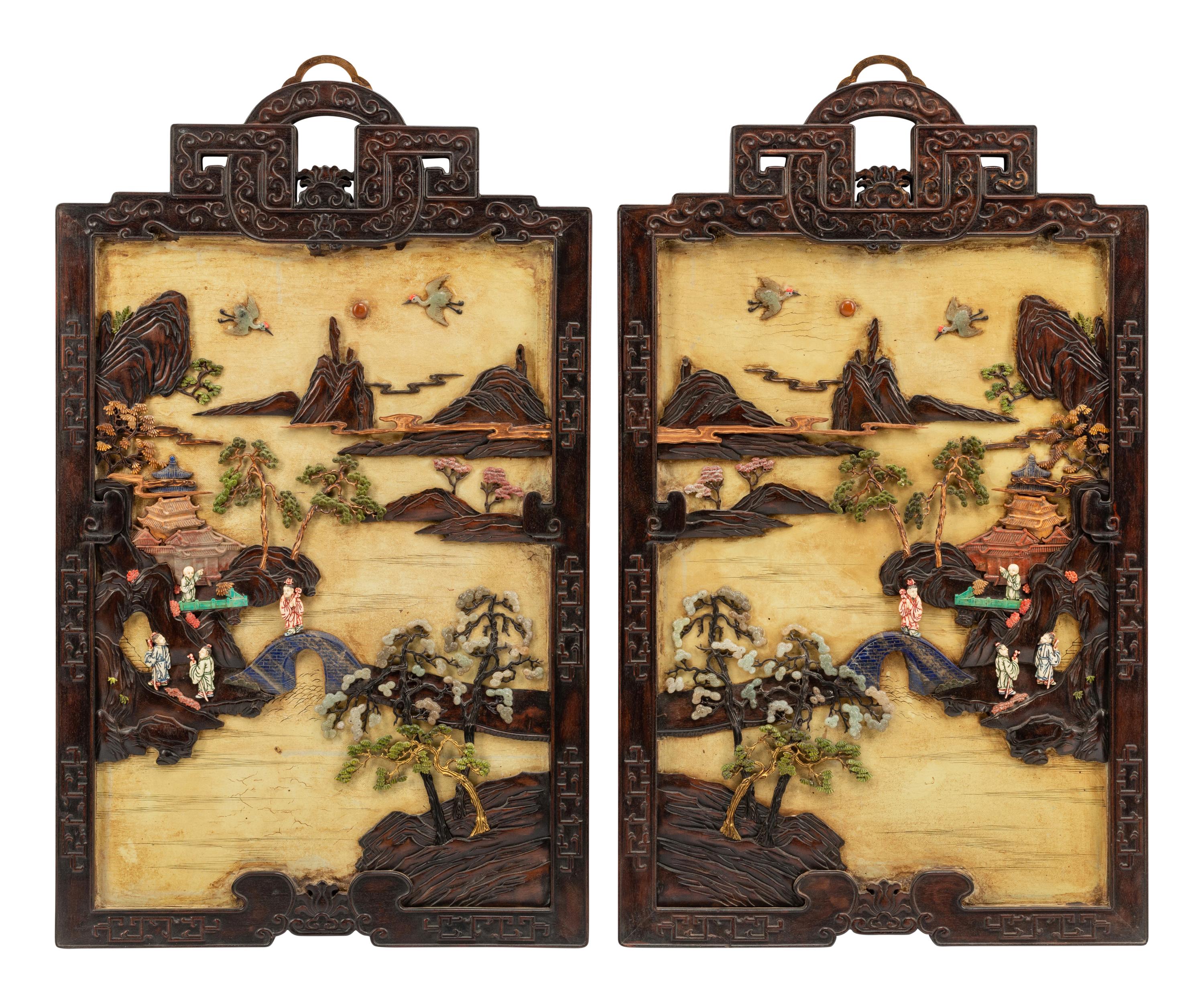 A Pair of Chinese Export Hardstone and Partial Lacquered Carved Wood Panels