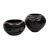 Carved Blackware Jars, one with Avanyu