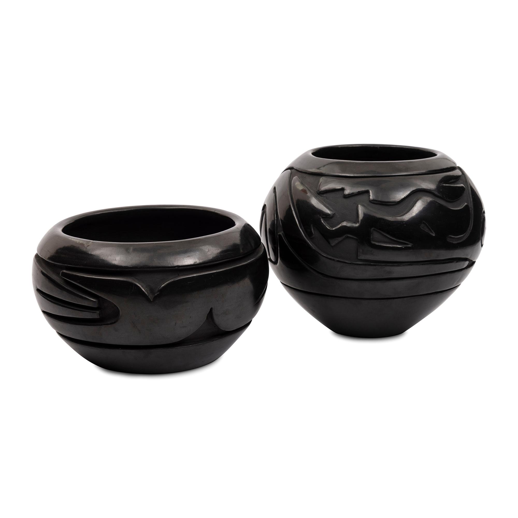 Carved Blackware Jars, one with Avanyu