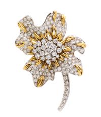 A Platinum, 18 Karat Yellow Gold and Diamond Flower Brooch, 24.70 dwts.