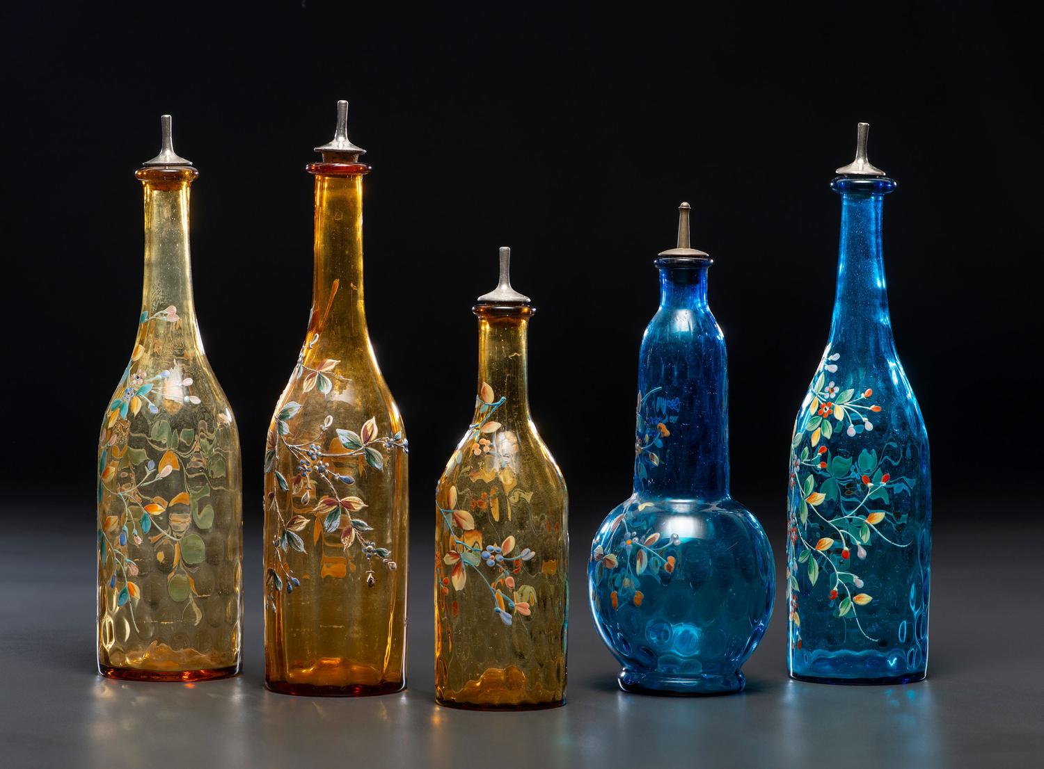 Five Paint and Enamel Decorated Glass Barber Bottles