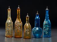 Five Paint and Enamel Decorated Glass Barber Bottles