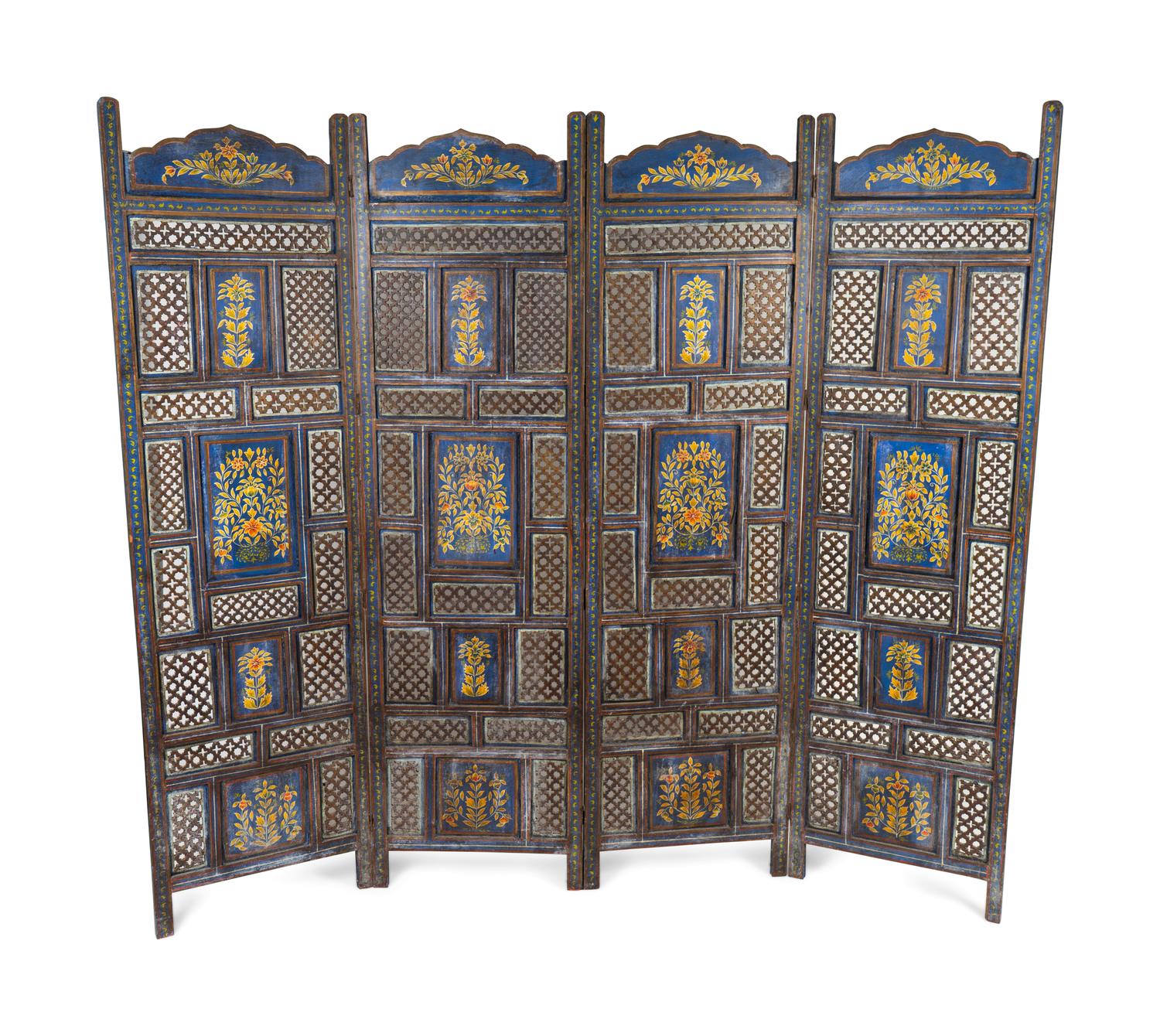 An Indian Pierce-Carved and Painted Four Panel Floor Screen — LATE 19TH/EARLY 20TH CENTURY