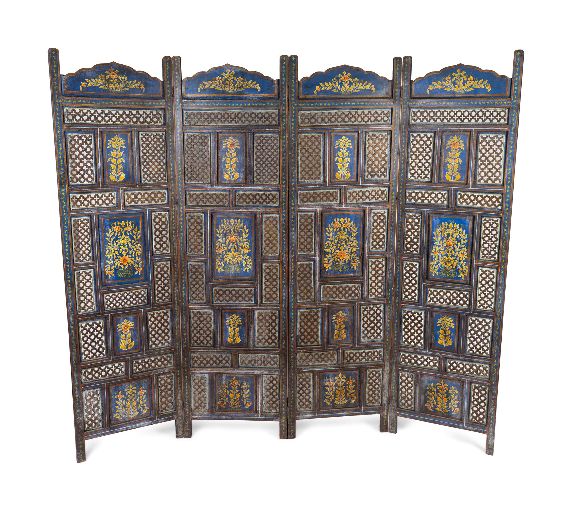 An Indian Pierce-Carved and Painted Four Panel Floor Screen — LATE 19TH/EARLY 20TH CENTURY