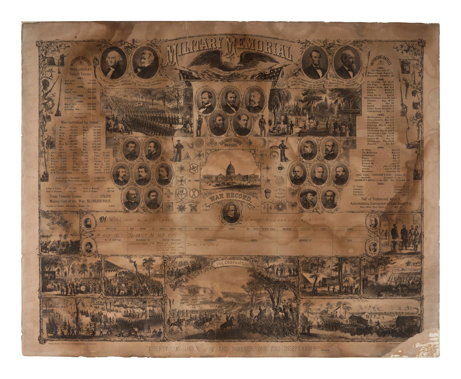 [CIVIL WAR]. A group of 3 items highlighted by military memorial certificate presented to Lieutenant William A. Williams, Co. H, 123rd Ohio Infantry, POW Libby Prison.