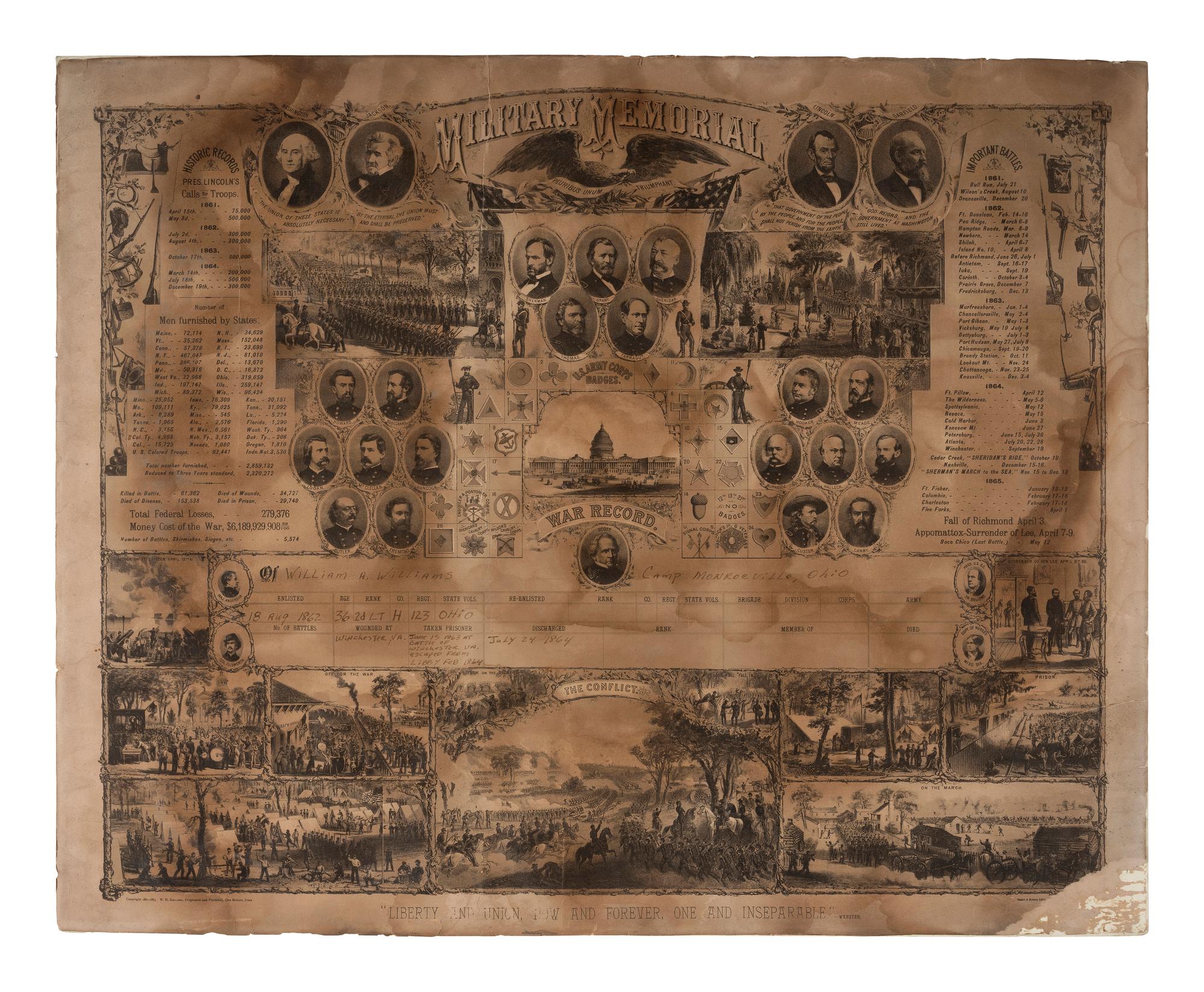 [CIVIL WAR]. A group of 3 items highlighted by military memorial certificate presented to Lieutenant William A. Williams, Co. H, 123rd Ohio Infantry, POW Libby Prison.