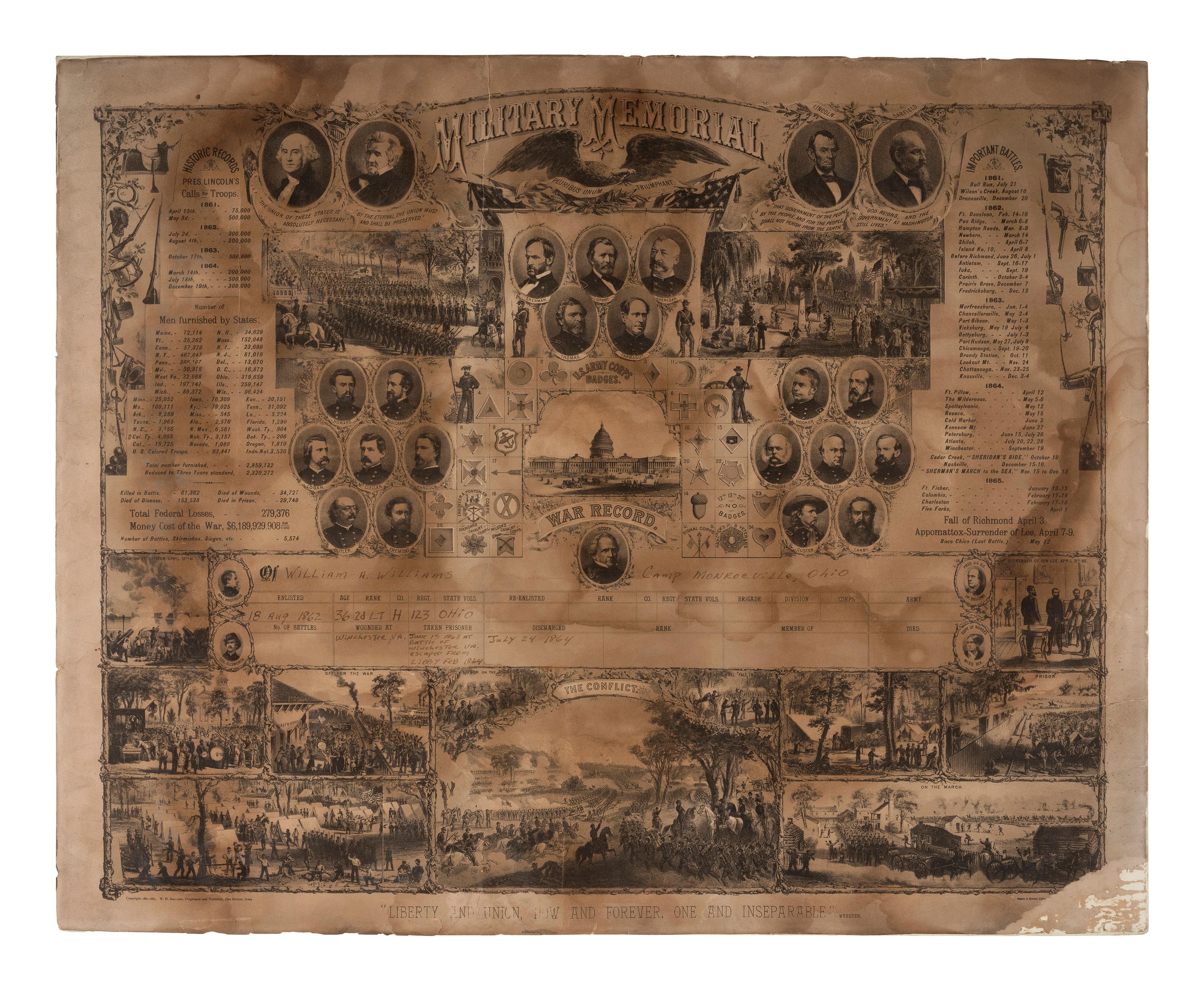 [CIVIL WAR]. A group of 3 items highlighted by military memorial certificate presented to Lieutenant William A. Williams, Co. H, 123rd Ohio Infantry, POW Libby Prison.