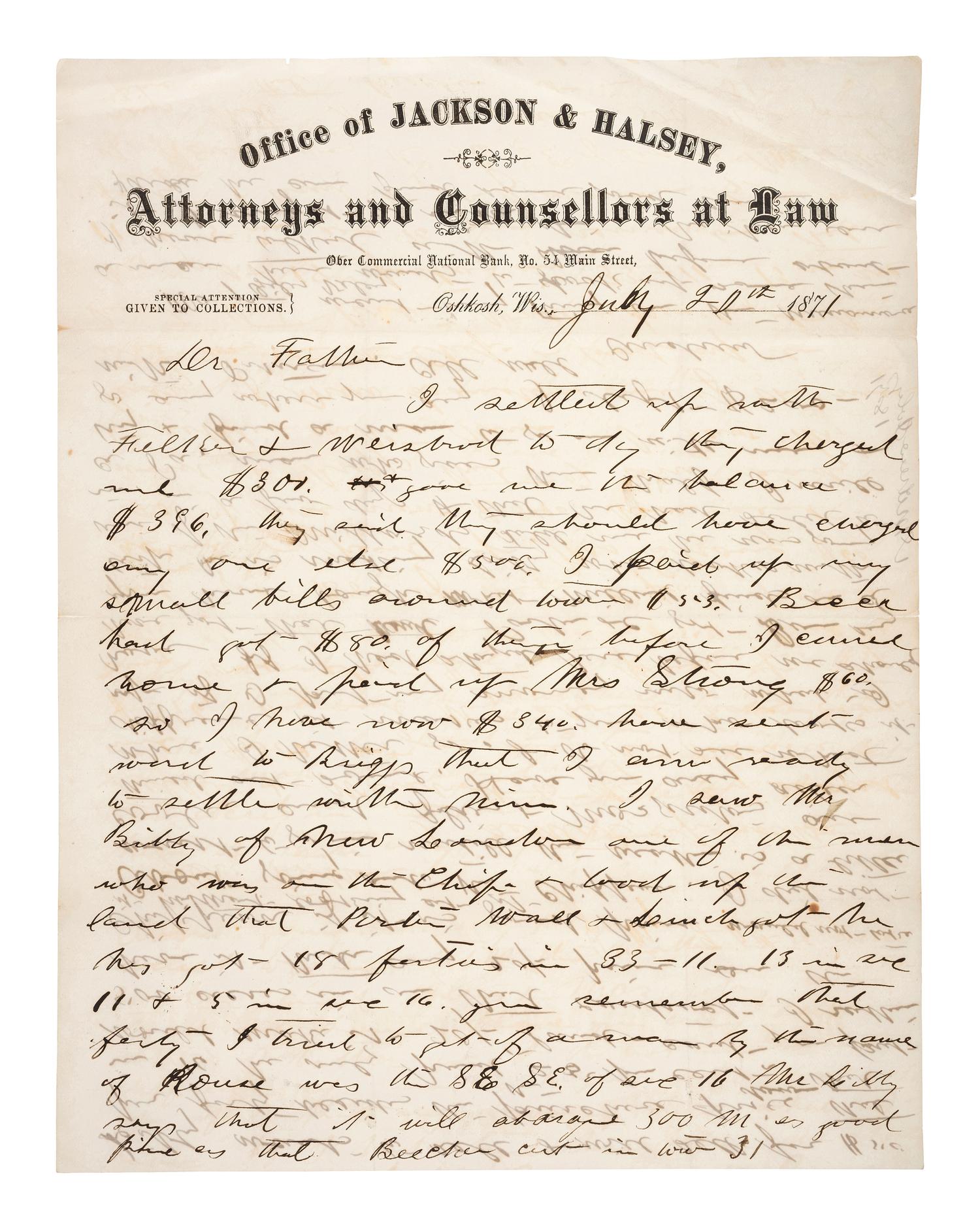 [CHICAGO]. Archive of letters and documents of Andrew B. JACKSON, founder of Rogers Park, IL, and his son Andrew JACKSON.