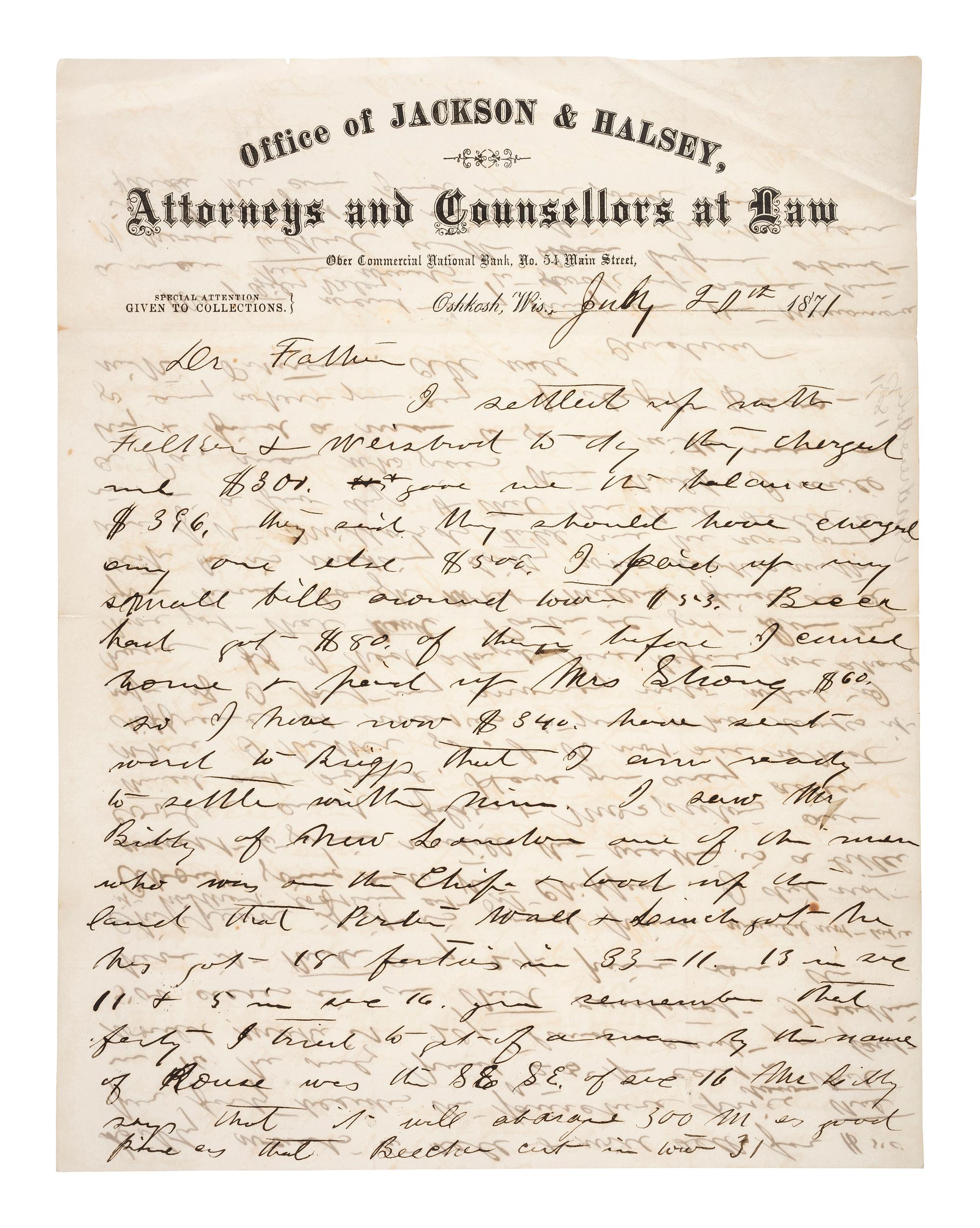 [CHICAGO]. Archive of letters and documents of Andrew B. JACKSON, founder of Rogers Park, IL, and his son Andrew JACKSON.