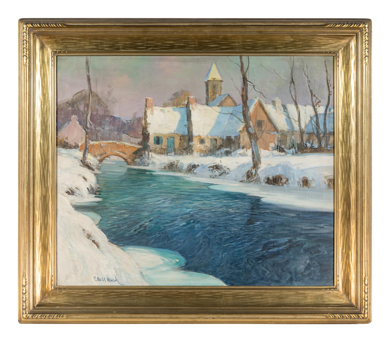 Winter Village Scene with River