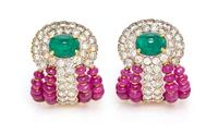 A Pair of 18 Karat Yellow Gold, Emerald, Ruby and Diamond Earclips, 15.60 dwts.