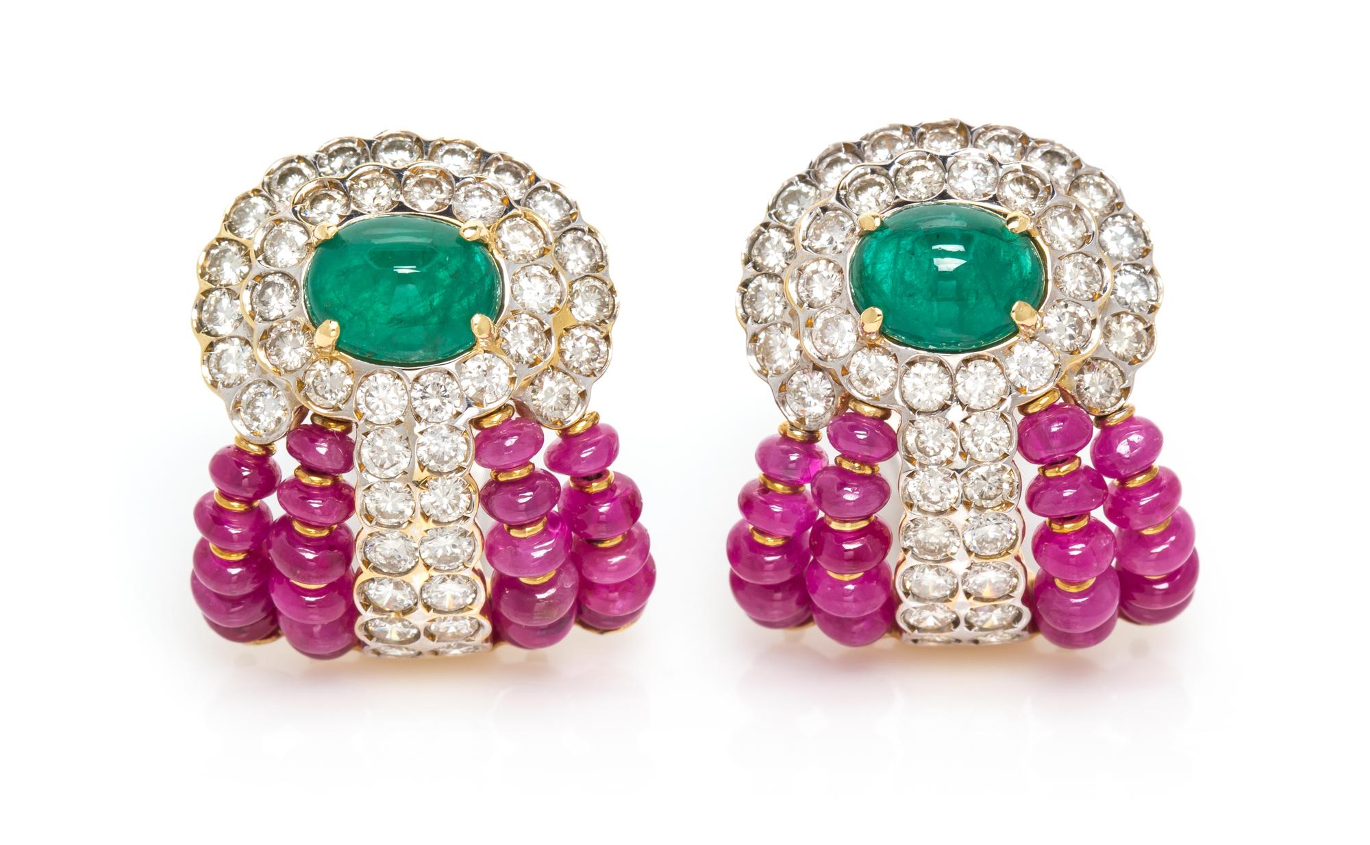 A Pair of 18 Karat Yellow Gold, Emerald, Ruby and Diamond Earclips, 15.60 dwts.