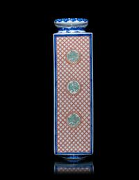 A Japanese Underglazed Blue and Polychrome Enamelled Porcelain Square Vase