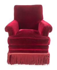 A Velvet-Upholstered Lounge Chair and Ottoman with Bullion Fringe