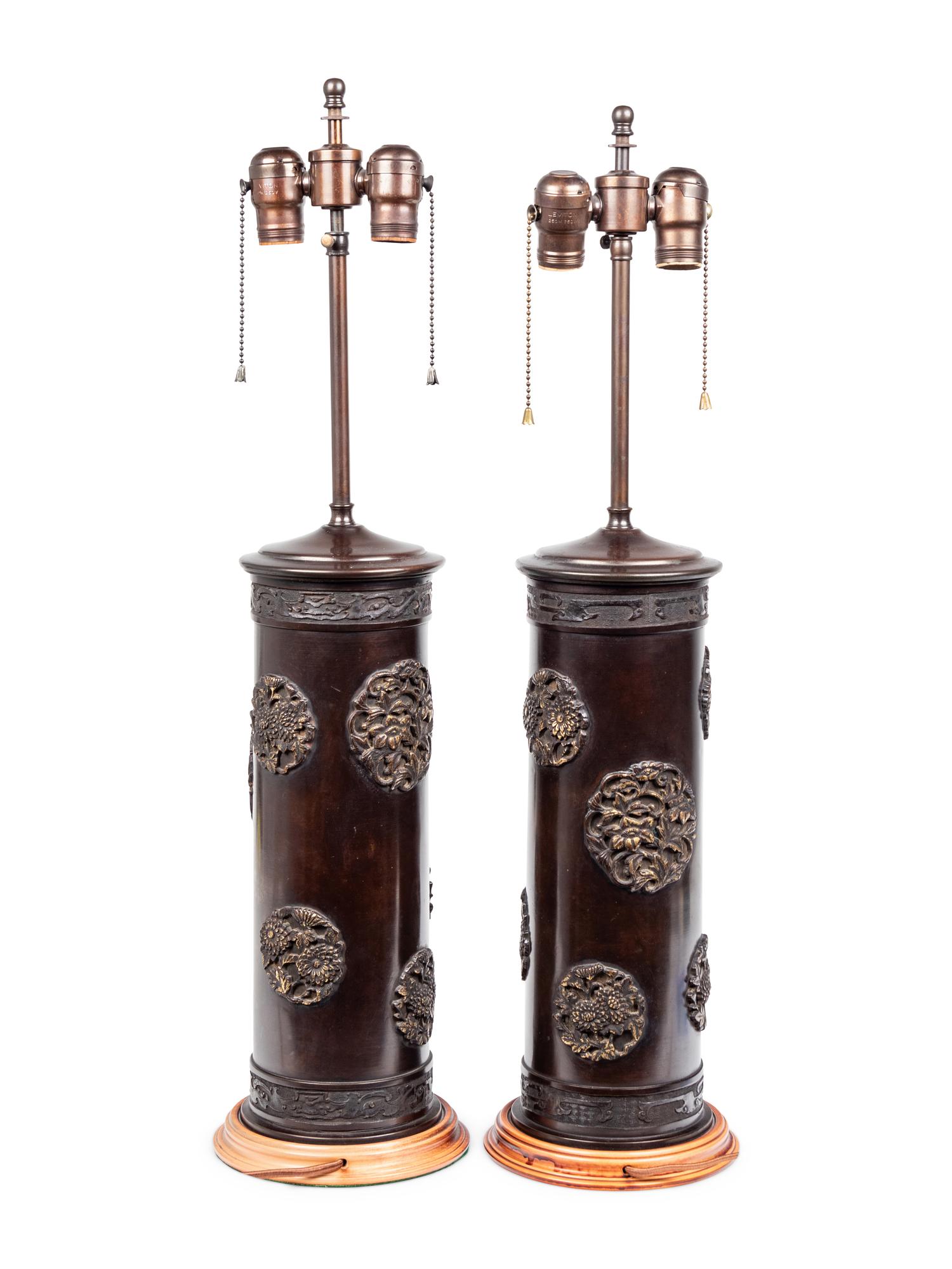 A Pair of Japanese Cast Metal Cylindrical Vases Mounted as Lamps with Shades