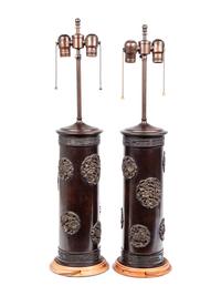 A Pair of Japanese Cast Metal Cylindrical Vases Mounted as Lamps with Shades
