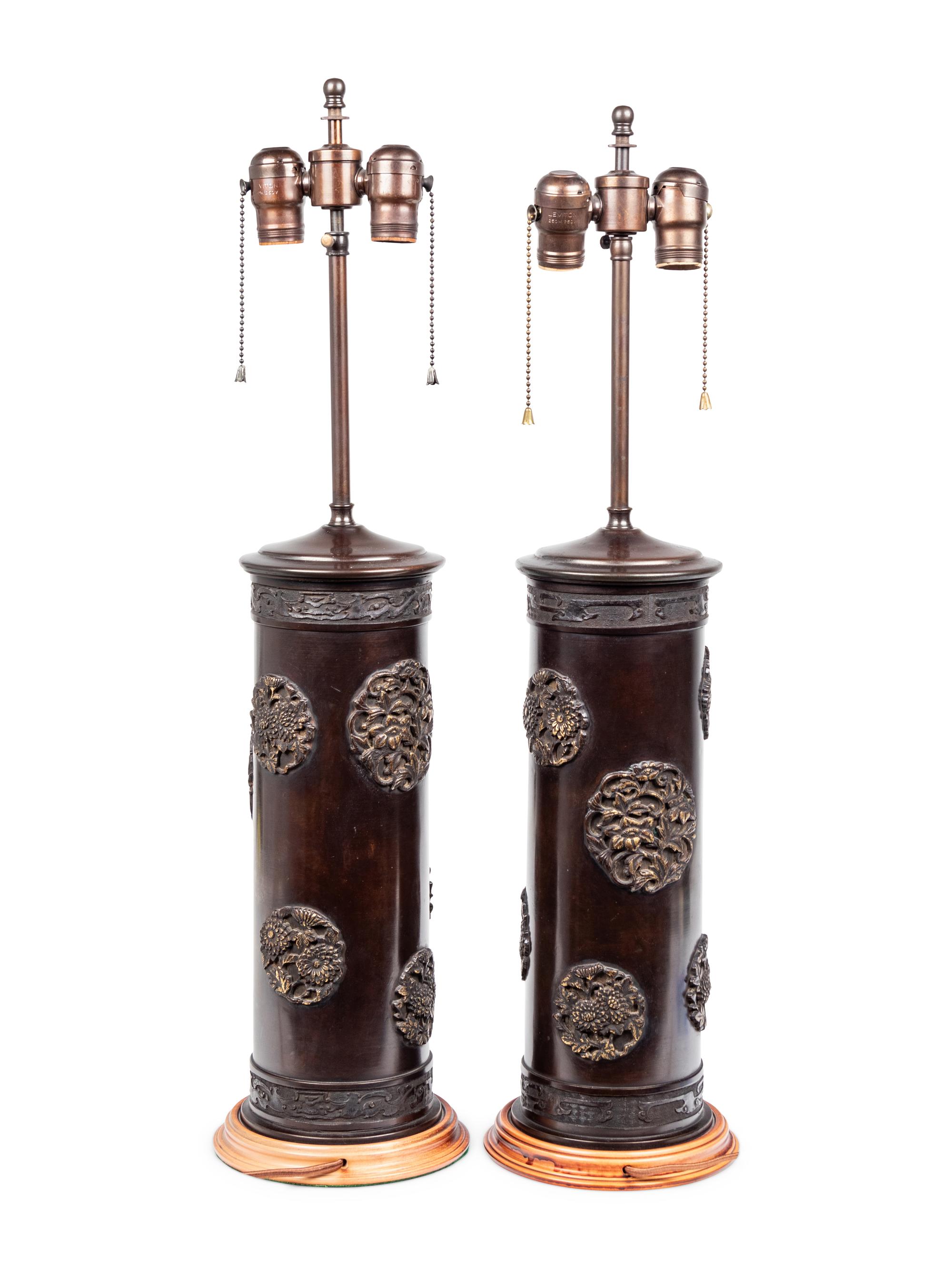 A Pair of Japanese Cast Metal Cylindrical Vases Mounted as Lamps with Shades