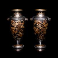 A Pair of Japanese Bronze and Mixed-Metal Baluster Vases, Meiji Period, Late 19th Century