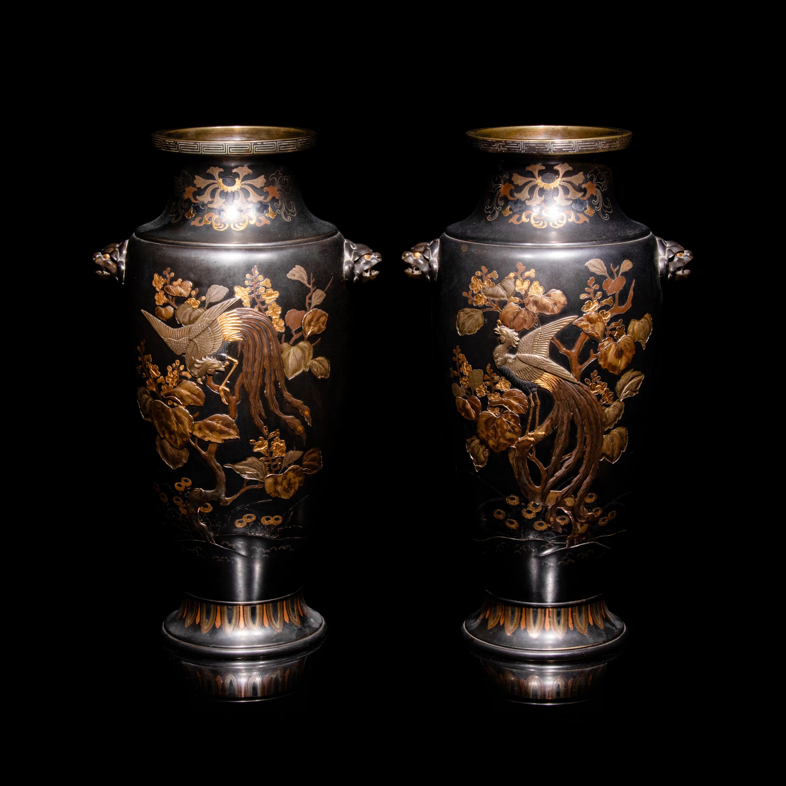 A Pair of Japanese Bronze and Mixed-Metal Baluster Vases, Meiji Period, Late 19th Century