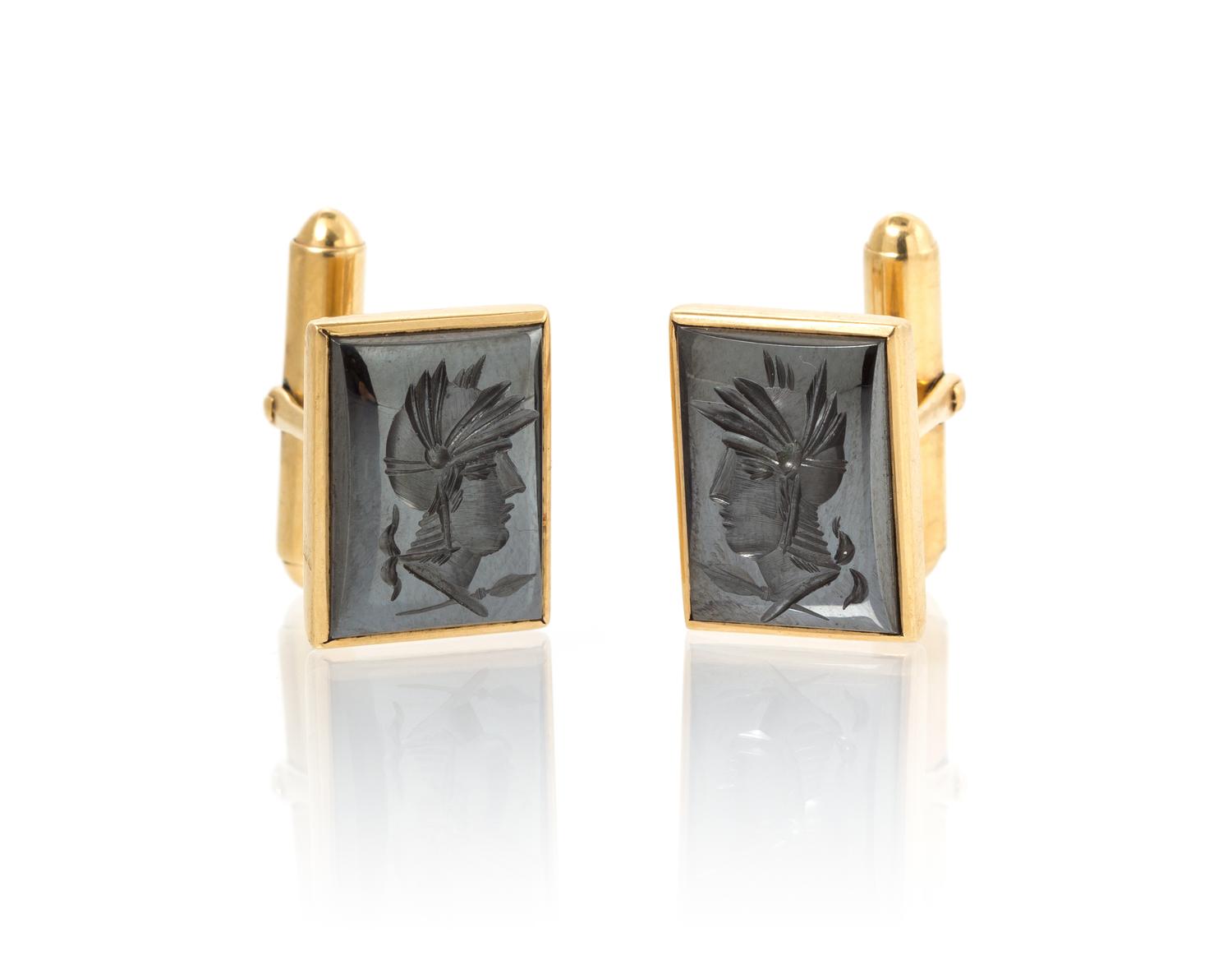 A Pair of 14 Karat Yellow Gold and Hematite Intaglio Cufflinks, 7.70 dwts.