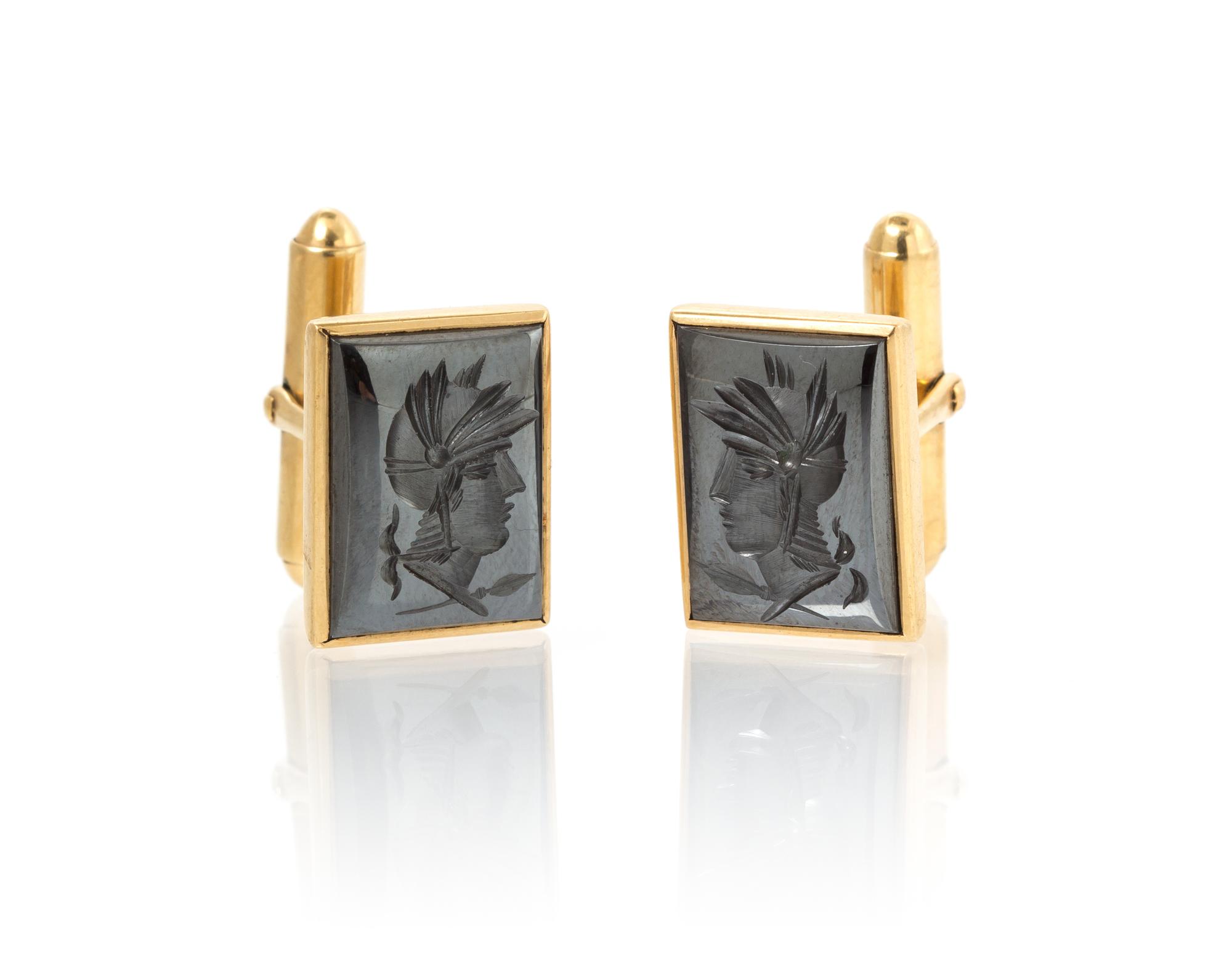 A Pair of 14 Karat Yellow Gold and Hematite Intaglio Cufflinks, 7.70 dwts.