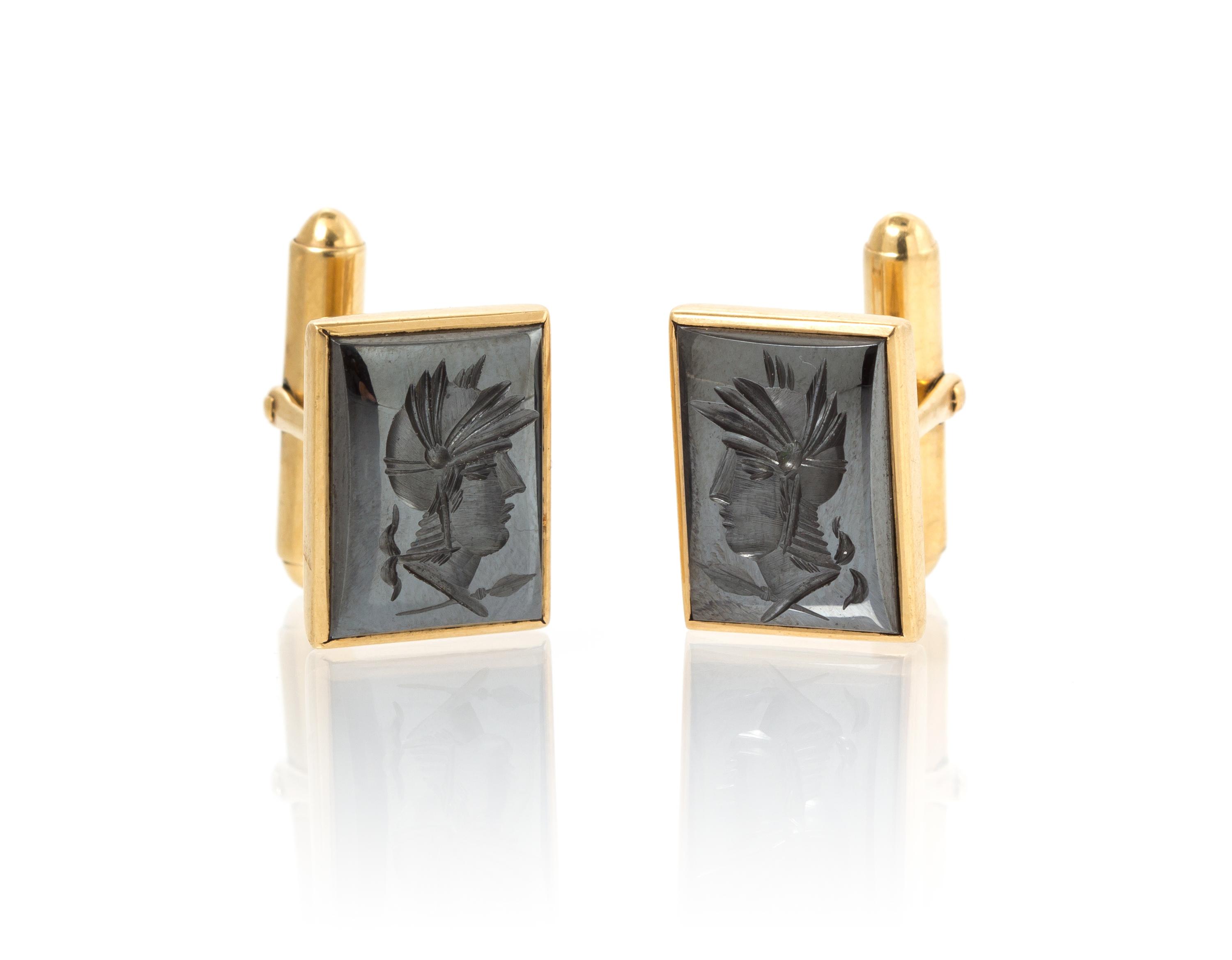 A Pair of 14 Karat Yellow Gold and Hematite Intaglio Cufflinks, 7.70 dwts.