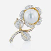 An 18K yellow gold, South Sea cultured pearl, and diamond pendant/brooch